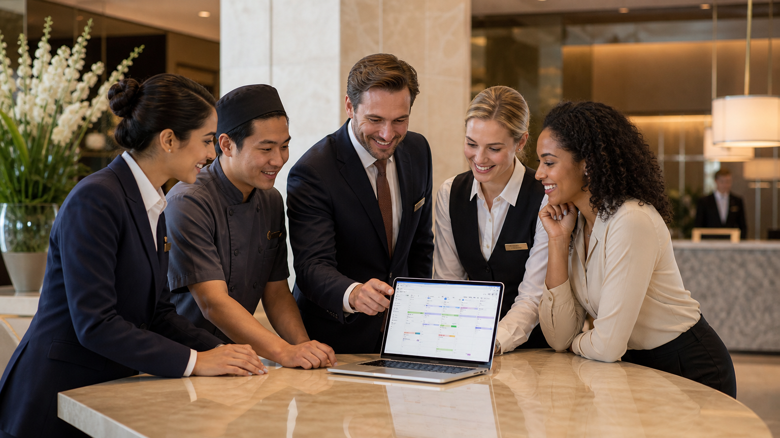 Hospitality team reviewing a workforce scheduling dashboard on a laptop in a modern hotel lobby