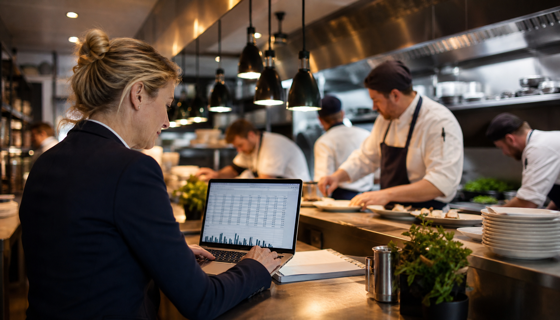 UK restaurant manager reviewing payroll data on a laptop during kitchen service
