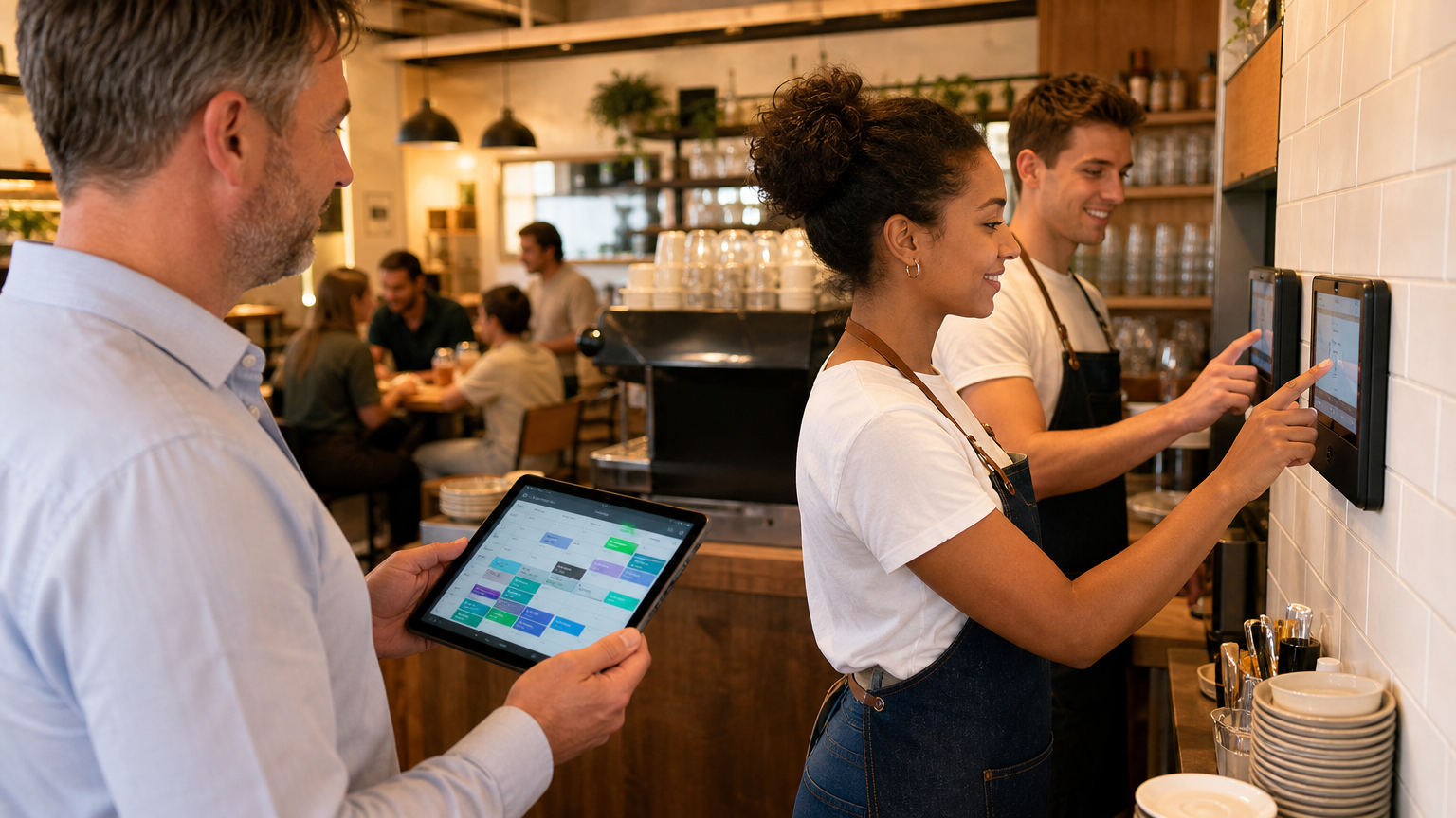 A UK hospitality manager reviewing a staff rota on a tablet while team members clock in, illustrating accurate time tracking to reduce payroll errors