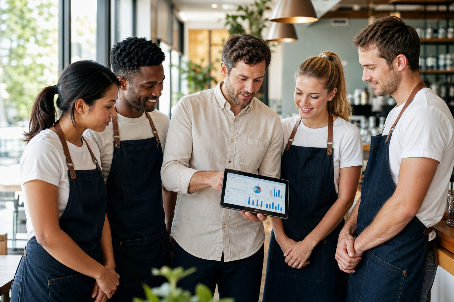 Shift workers and manager reviewing a digital payroll dashboard in an Australian cafe setting
