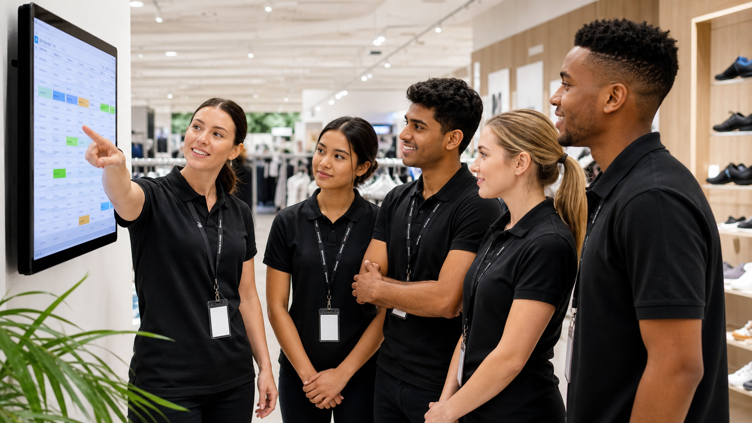 Retail team reviewing a digital roster display in an Australian retail store