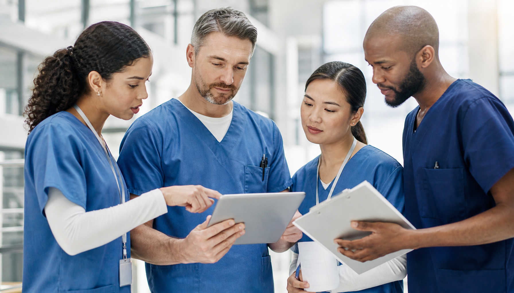 A team of healthcare professionals in scrubs reviewing scheduling documents around a digital tablet in a bright modern clinic