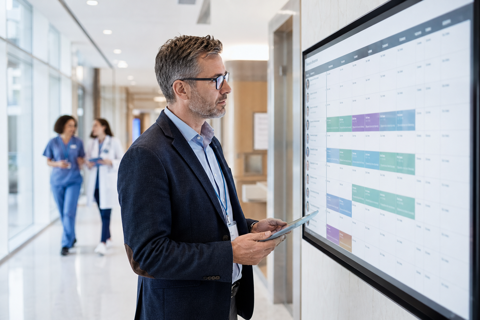 Healthcare facility manager checking staff credentials and shift assignments on a digital scheduling board in a modern hospital corridor