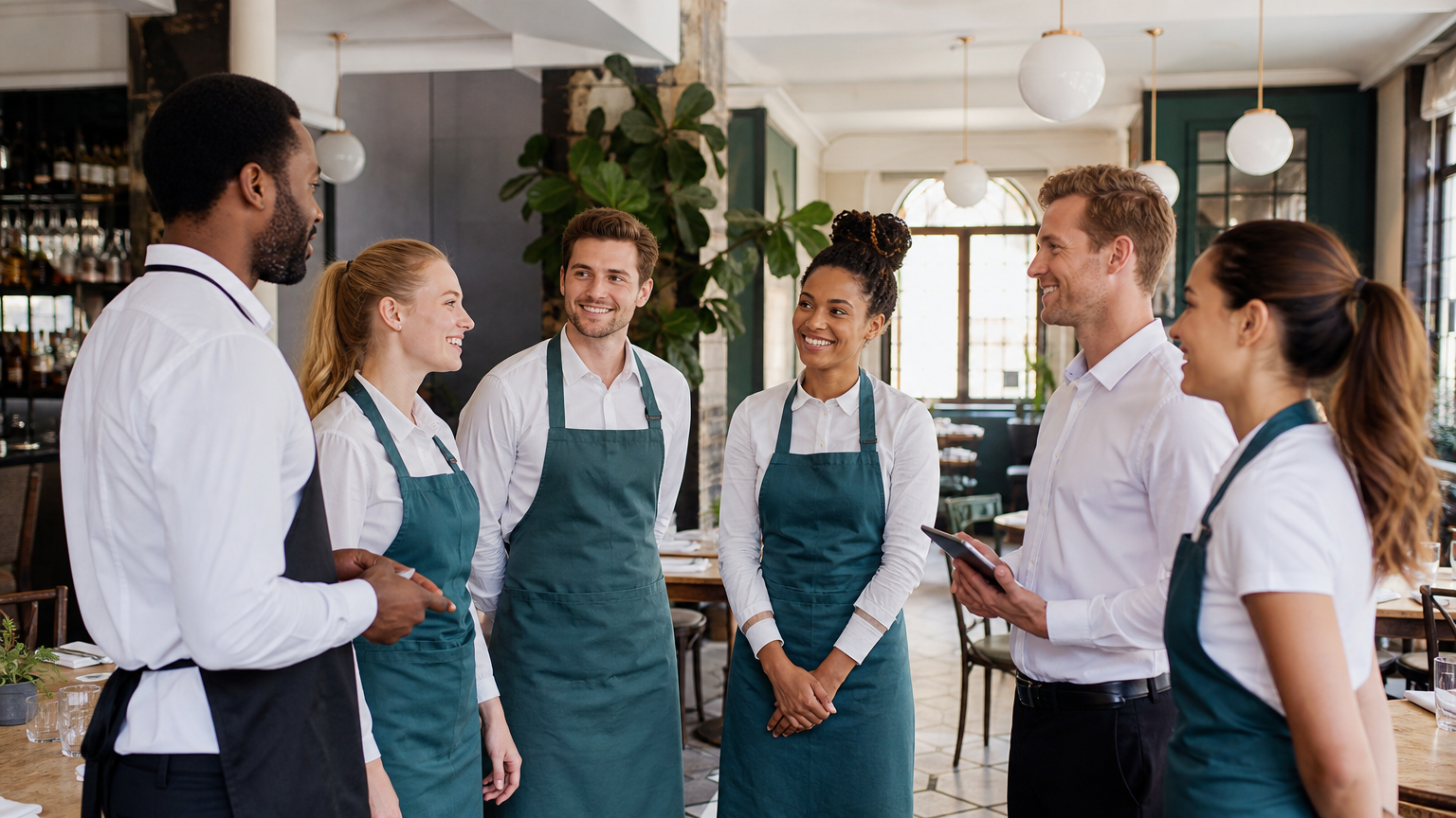 Restaurant hospitality team gathered for a shift briefing in a modern UK restaurant