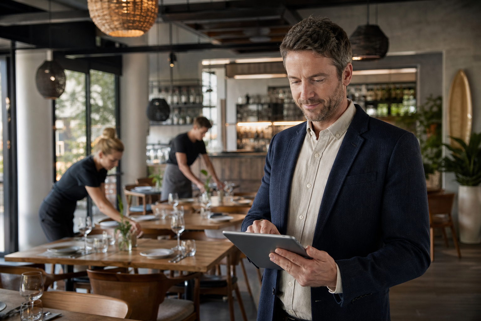 Restaurant operations manager reviewing a digital roster on a tablet in an Australian restaurant dining room