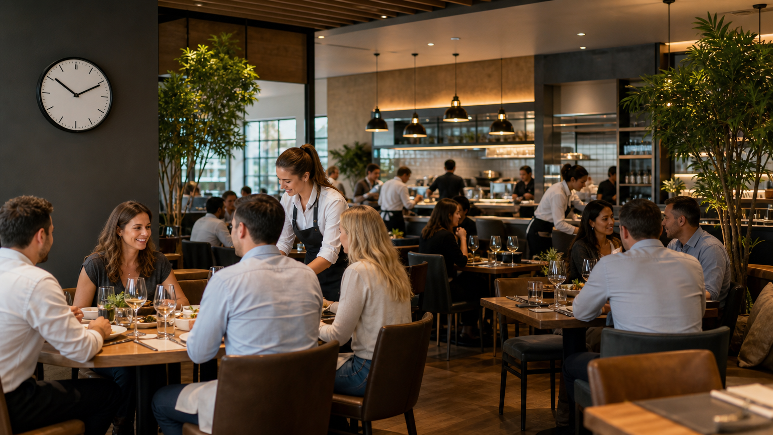 Restaurant dining room with servers attending to guests, representing multi-venue hospitality operations and break compliance management
