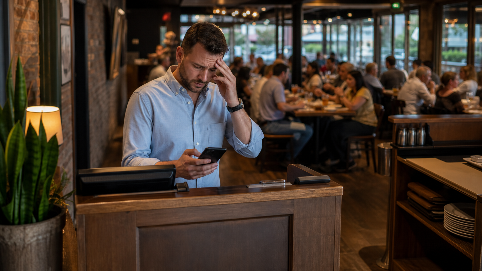Restaurant manager checking phone during busy Friday night shift, dealing with a last-minute employee call-out