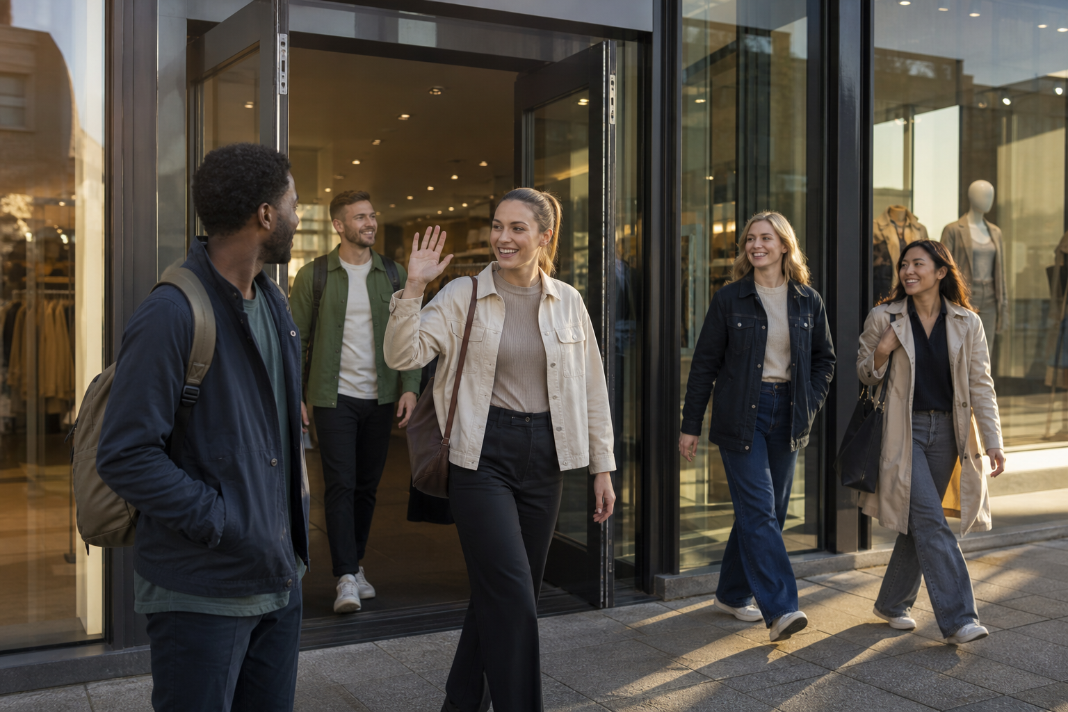 UK retail shift workers arriving at a store entrance for their morning shift