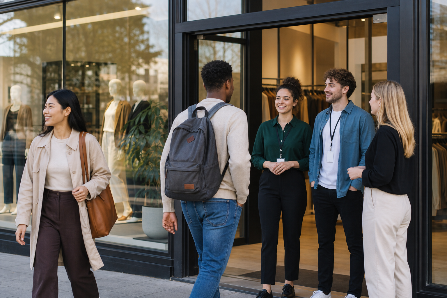 Retail store employees during a shift changeover at a modern clothing store entrance