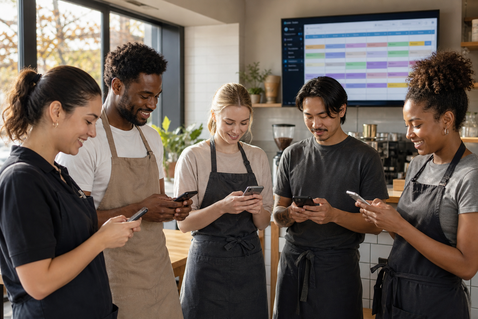 Shift workers checking their phones at the start of a morning shift in a UK cafe with a digital rota board visible