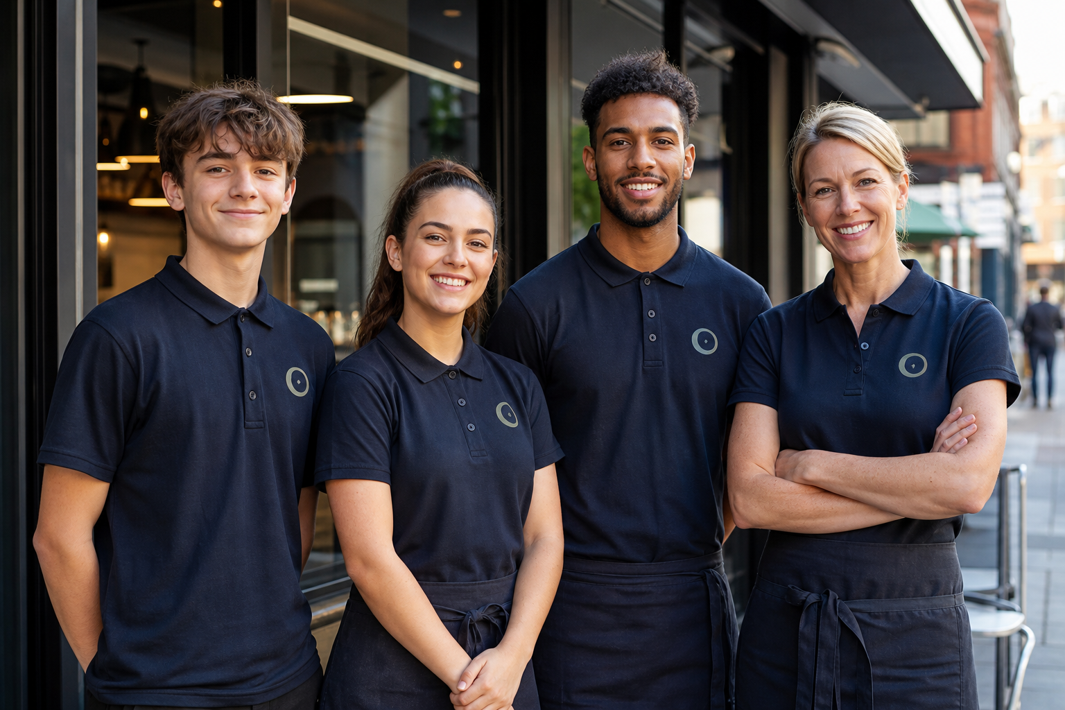 Diverse group of shift workers of varying ages standing together outside a UK cafe at the start of a shift