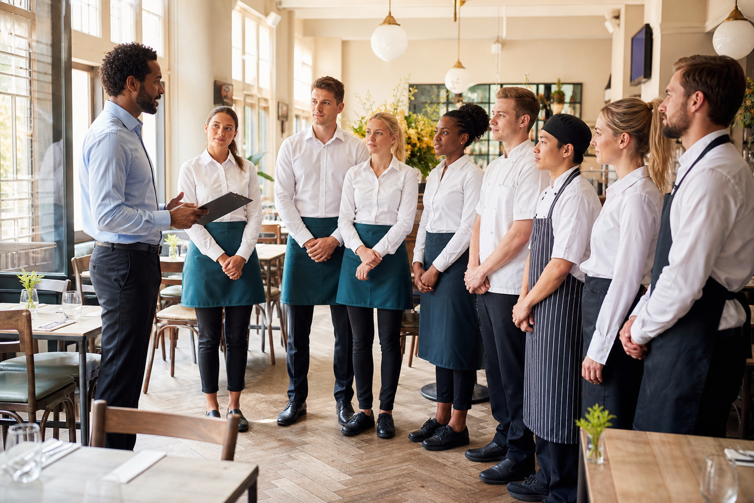Restaurant team during a pre-shift briefing with a manager holding a clipboard speaking to waiters and kitchen staff