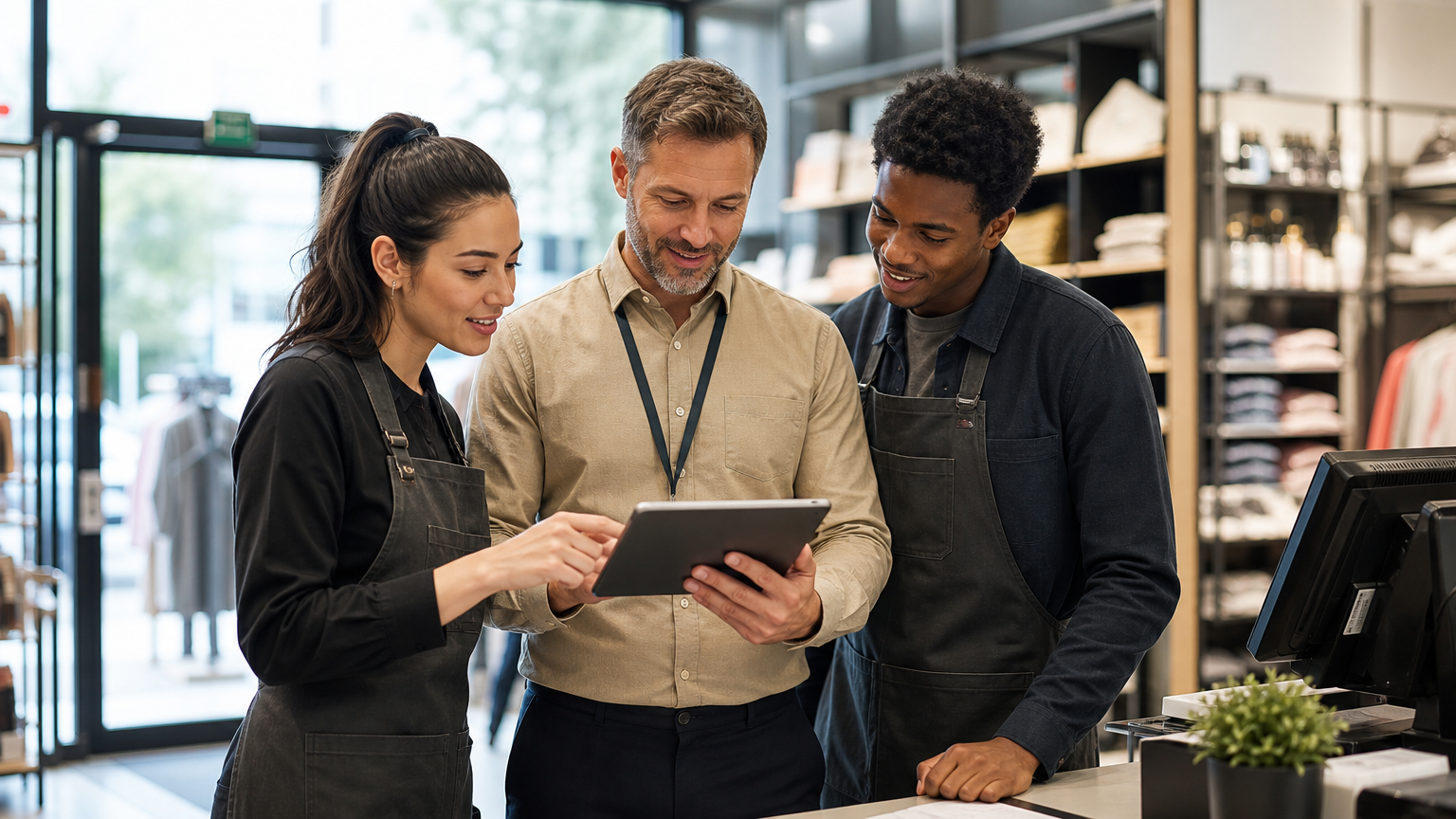Retail store manager and shift workers reviewing the weekly staff schedule on a tablet in a modern store