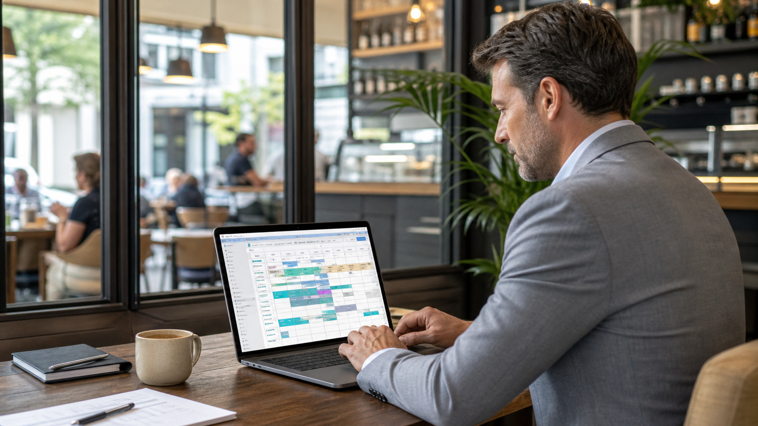 Hospitality manager reviewing employee schedules on a laptop in a cafe setting