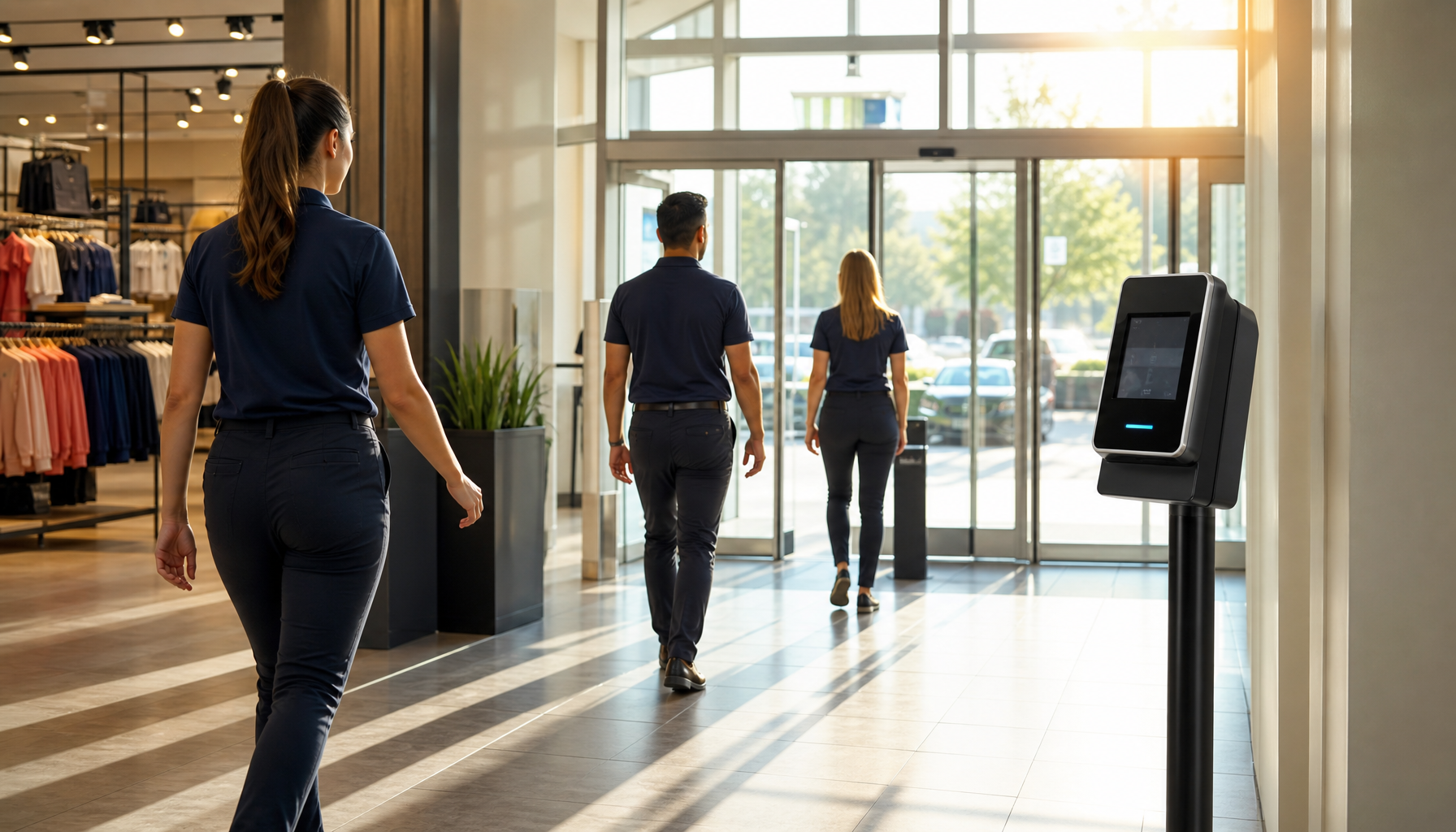 Retail store entrance with a digital time clock kiosk as employees arrive for their shift
