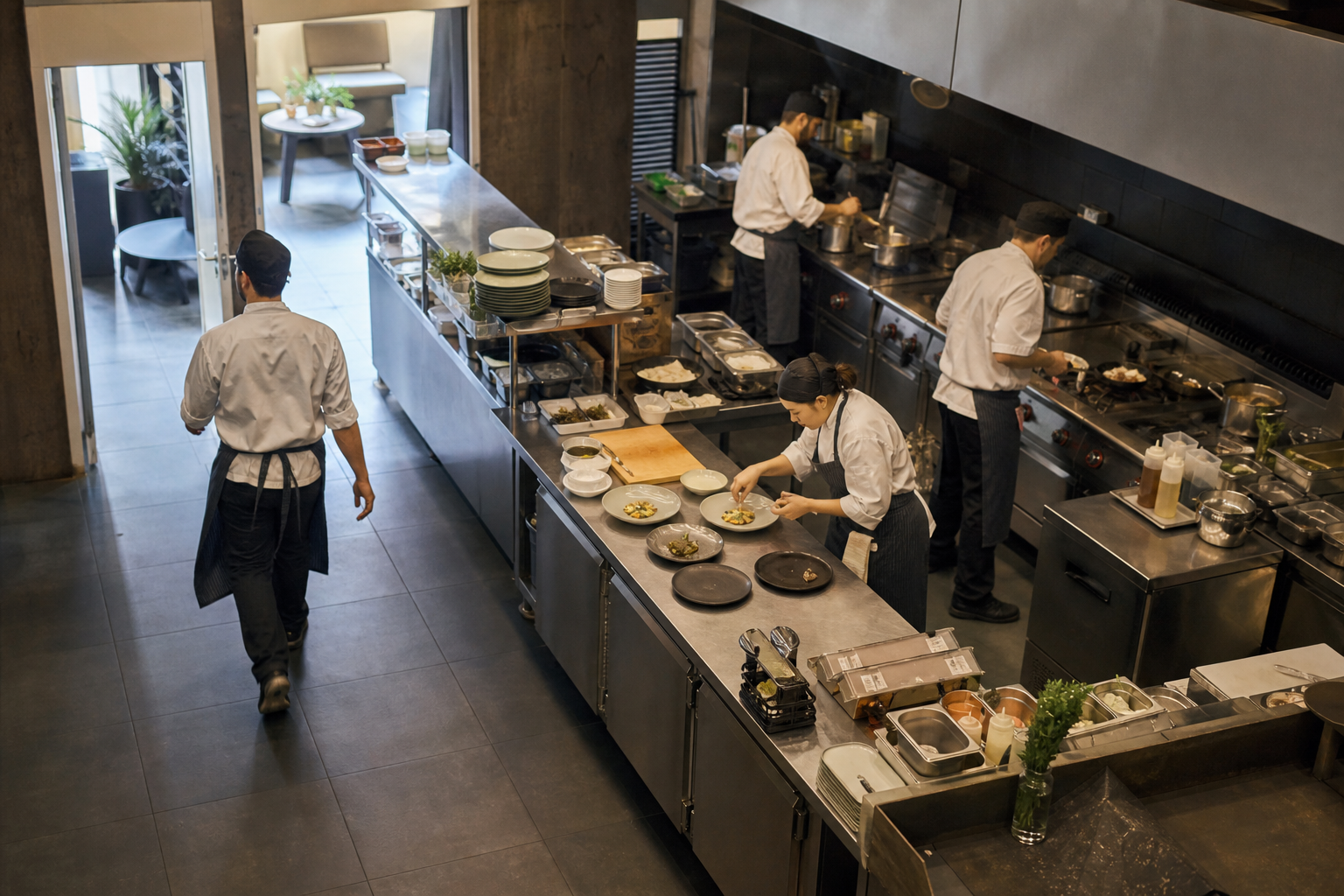 Restaurant kitchen with chefs working at multiple stations as one chef steps toward the break area