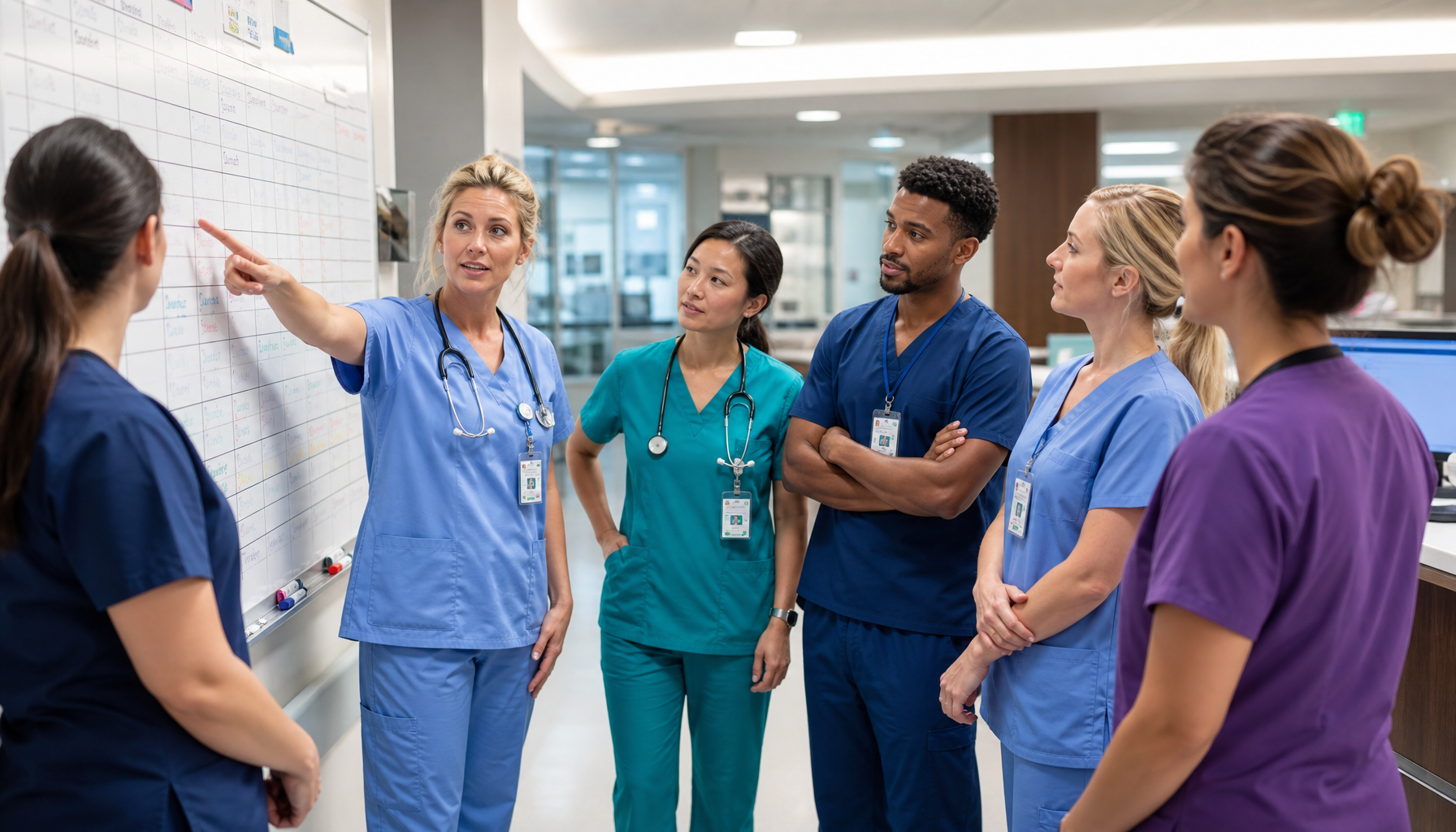 Healthcare team discussing shift scheduling assignments at a hospital nursing station