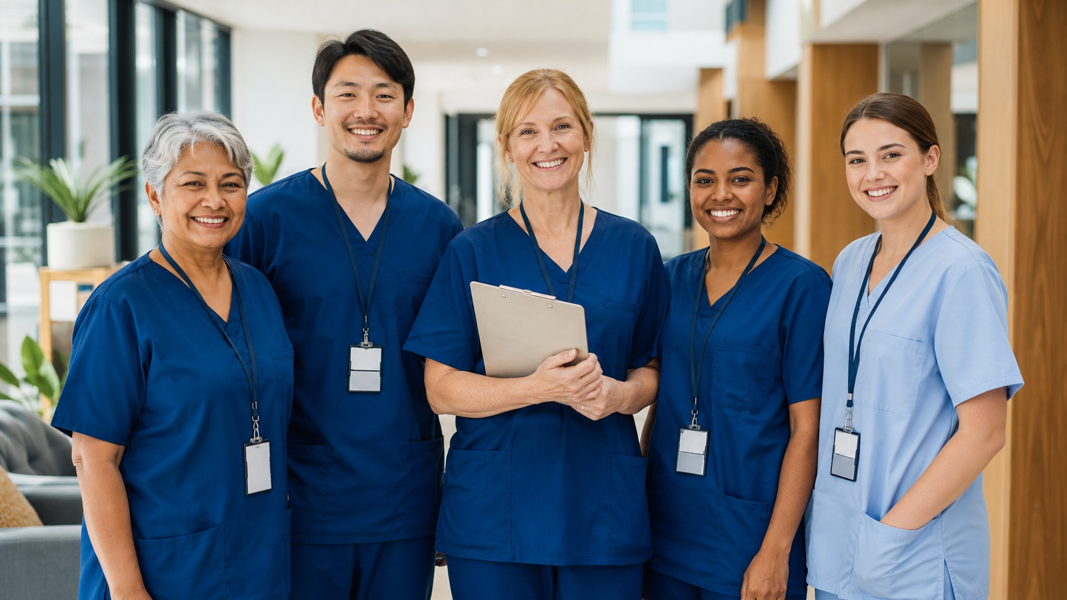 Aged care team members in scrubs standing in a nursing home corridor ready for their shift