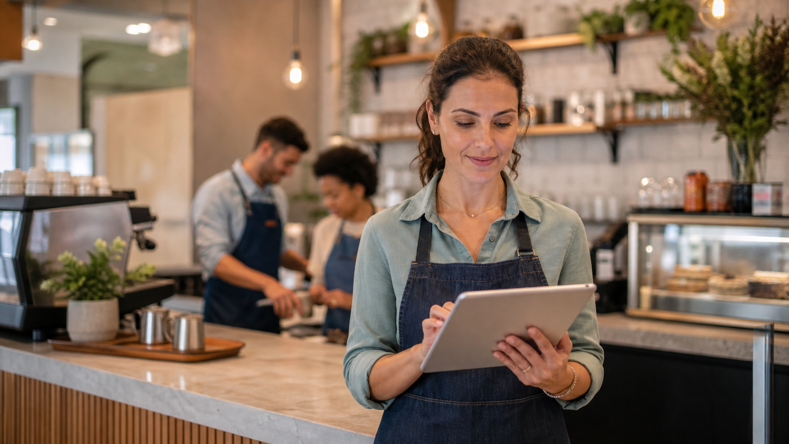 Small business owner reviewing a weekly staff schedule on a tablet in a modern cafe