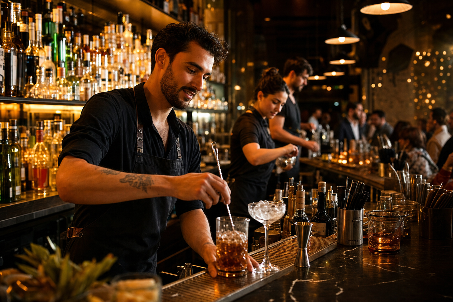 Bartender preparing cocktails during a busy Saturday night shift at a popular bar