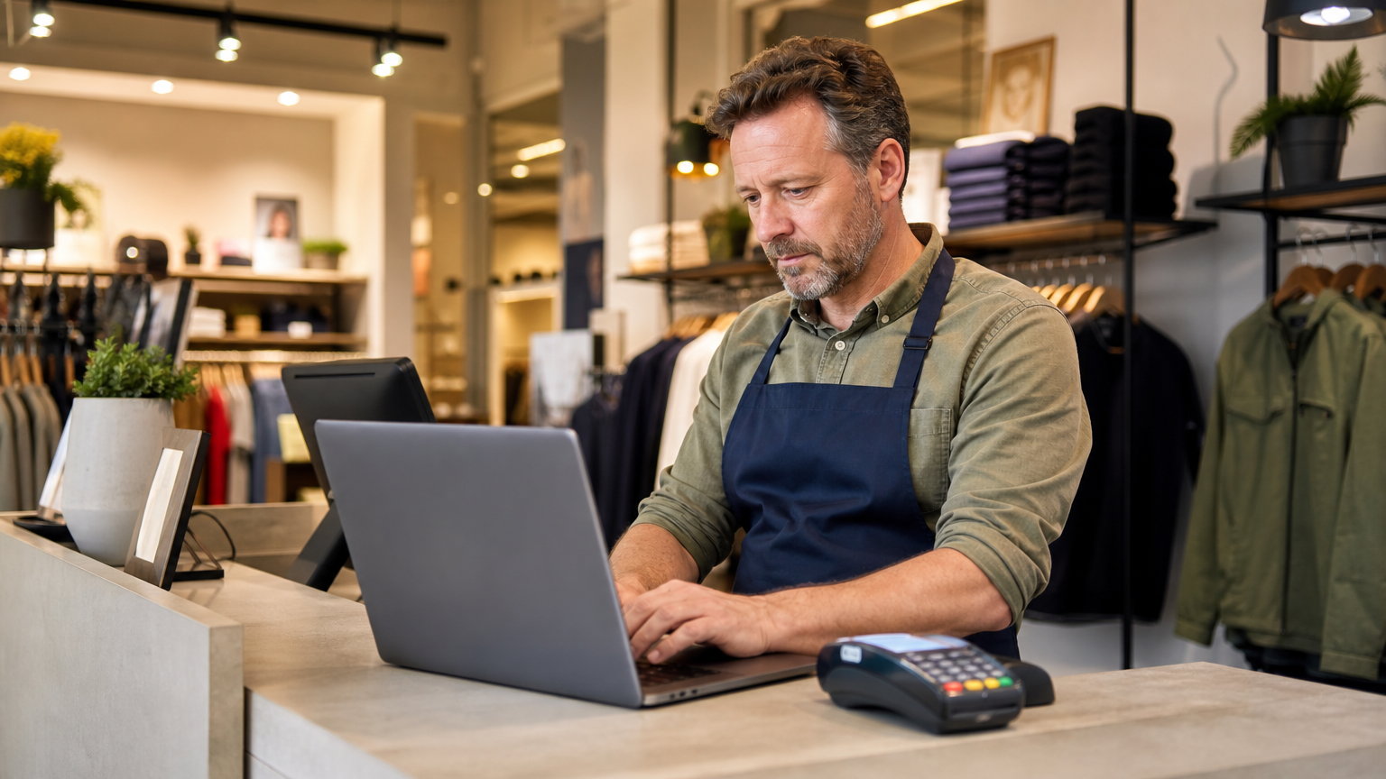 Retail shift supervisor reviewing staff absence records on a laptop at a shop counter