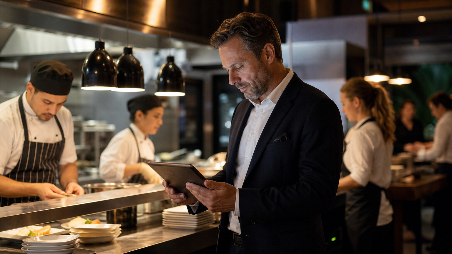 Restaurant manager reviewing the shift schedule on a tablet during a busy evening service while cooks and servers work in the background