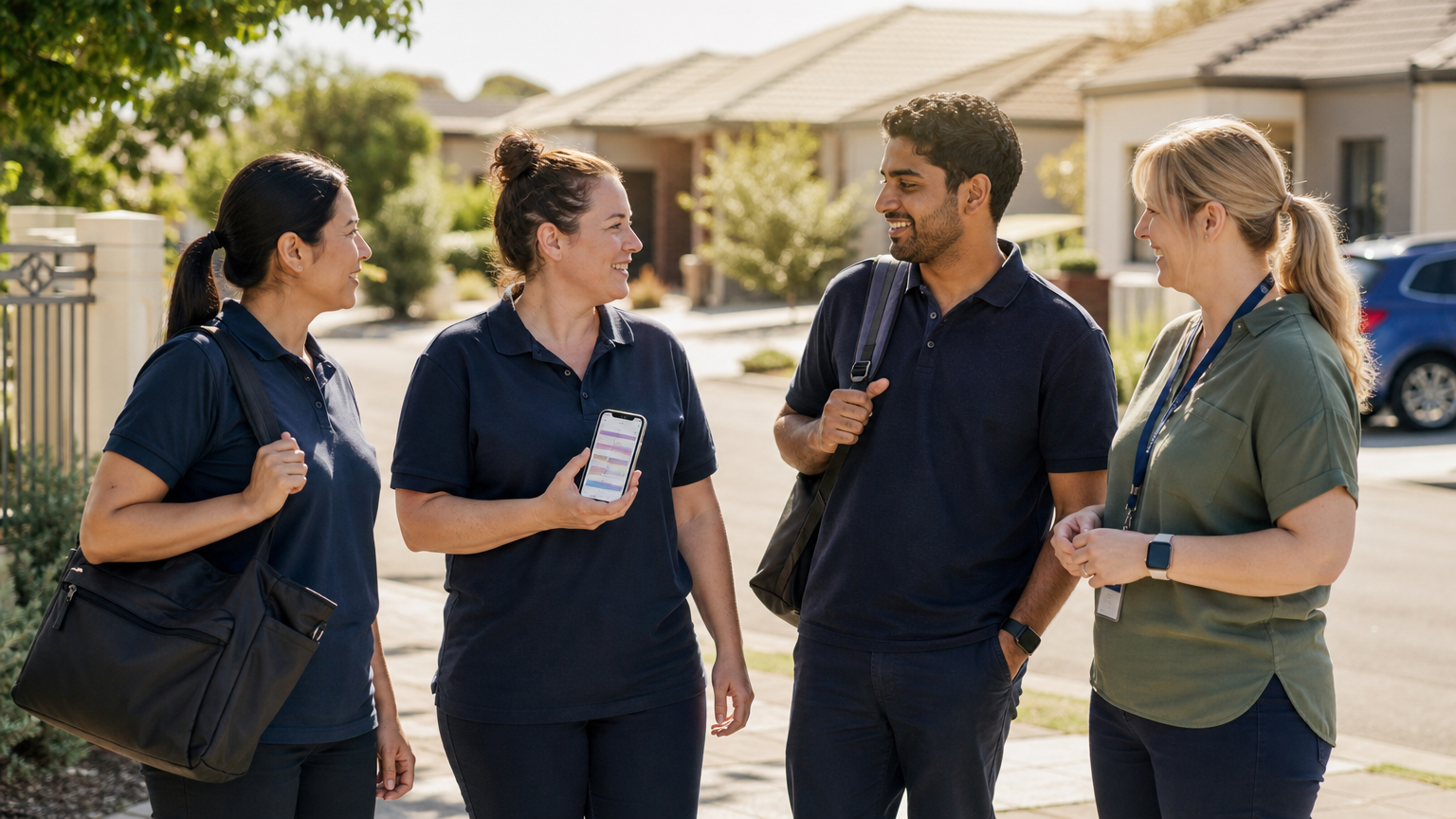 Disability support workers standing together in an Australian suburban street between client visits, one holding a smartphone with a schedule visible