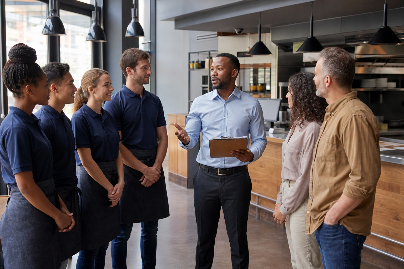 Manager leading a staffing meeting with employees in uniform and an independent contractor, representing mixed workforce scheduling