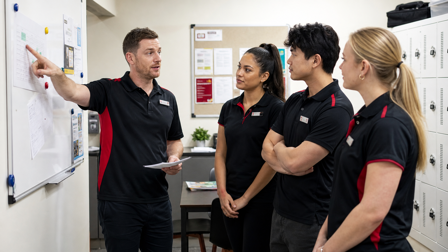 Retail store manager discussing the weekly roster with team members in an Australian store backroom
