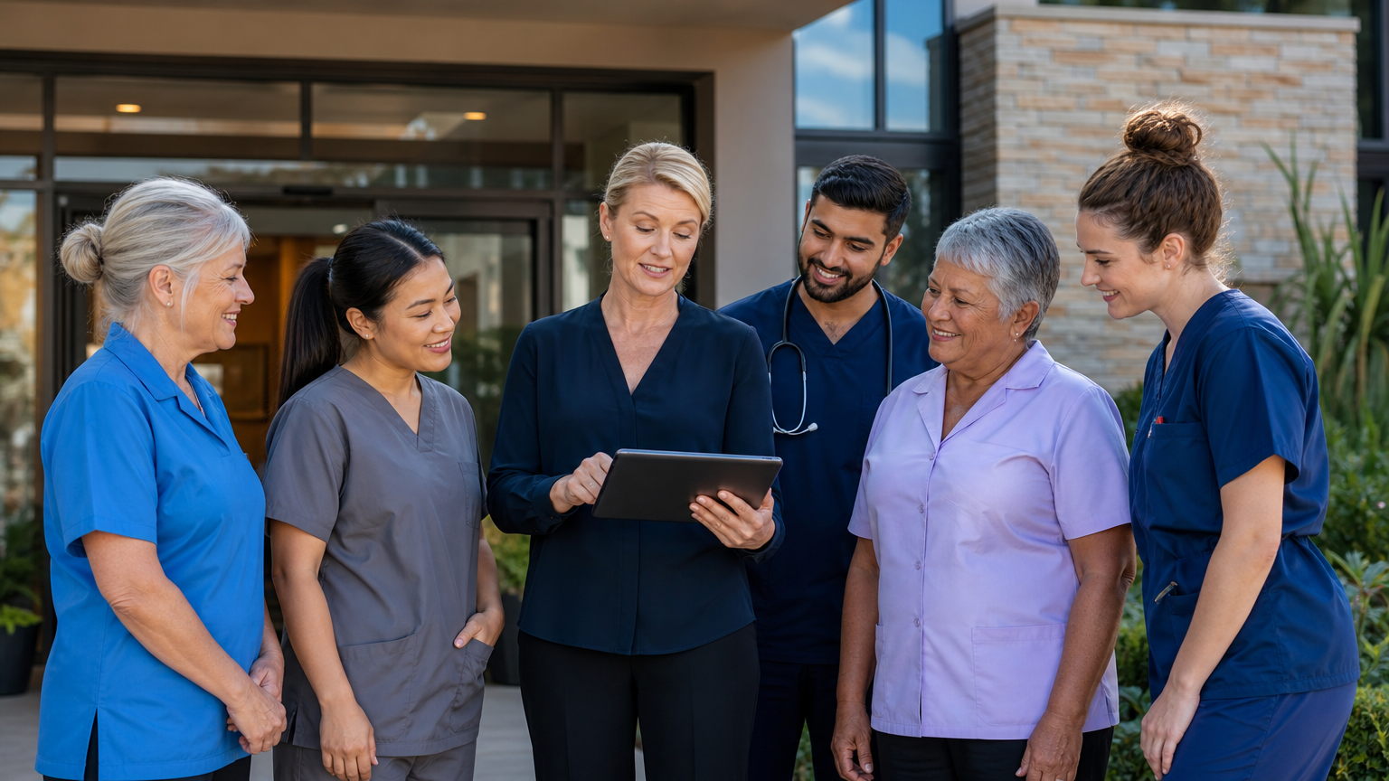 Aged care team and manager planning the weekly roster on a tablet at the entrance of a residential aged care facility