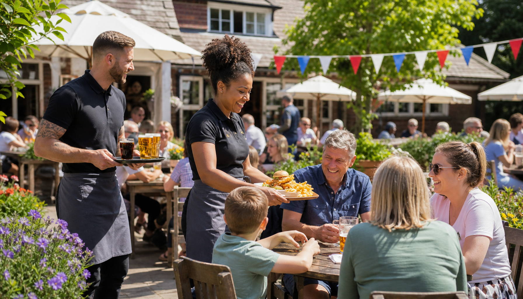 Hospitality staff serving customers in a busy pub garden on a sunny UK bank holiday weekend