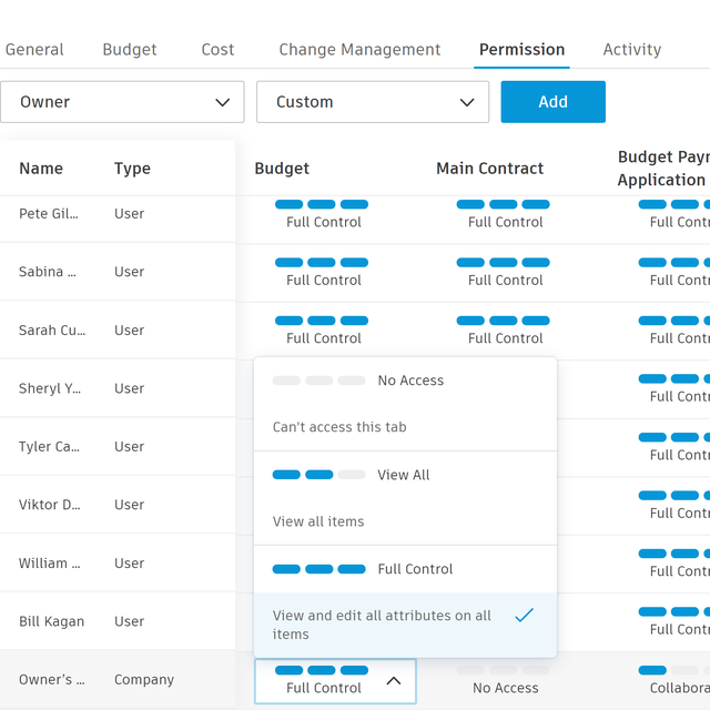 Owner access in Construction Budget and Income Tracking Software.