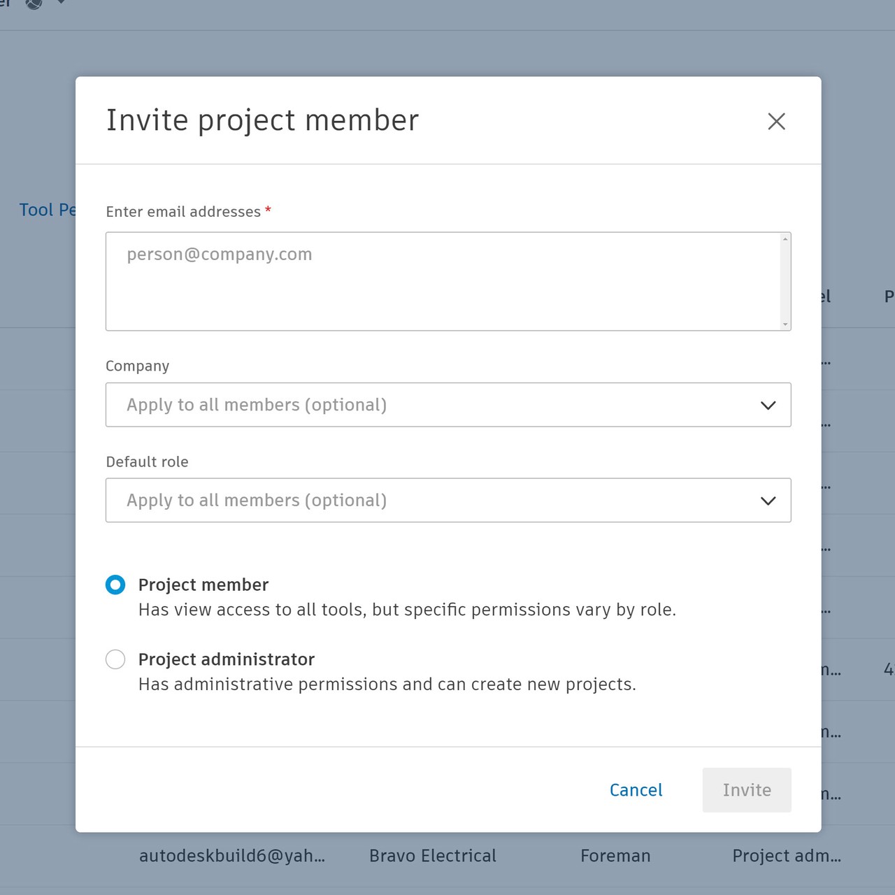 Screenshot of construction software permissions.