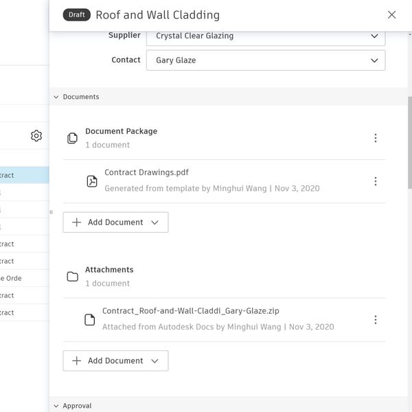 Contrats fournisseurs dans un logiciel de suivi des coûts et des dépenses de construction.