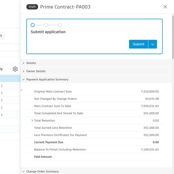 Demandes de paiement du maître d’ouvrage dans un logiciel de suivi des revenus et du budget de construction.