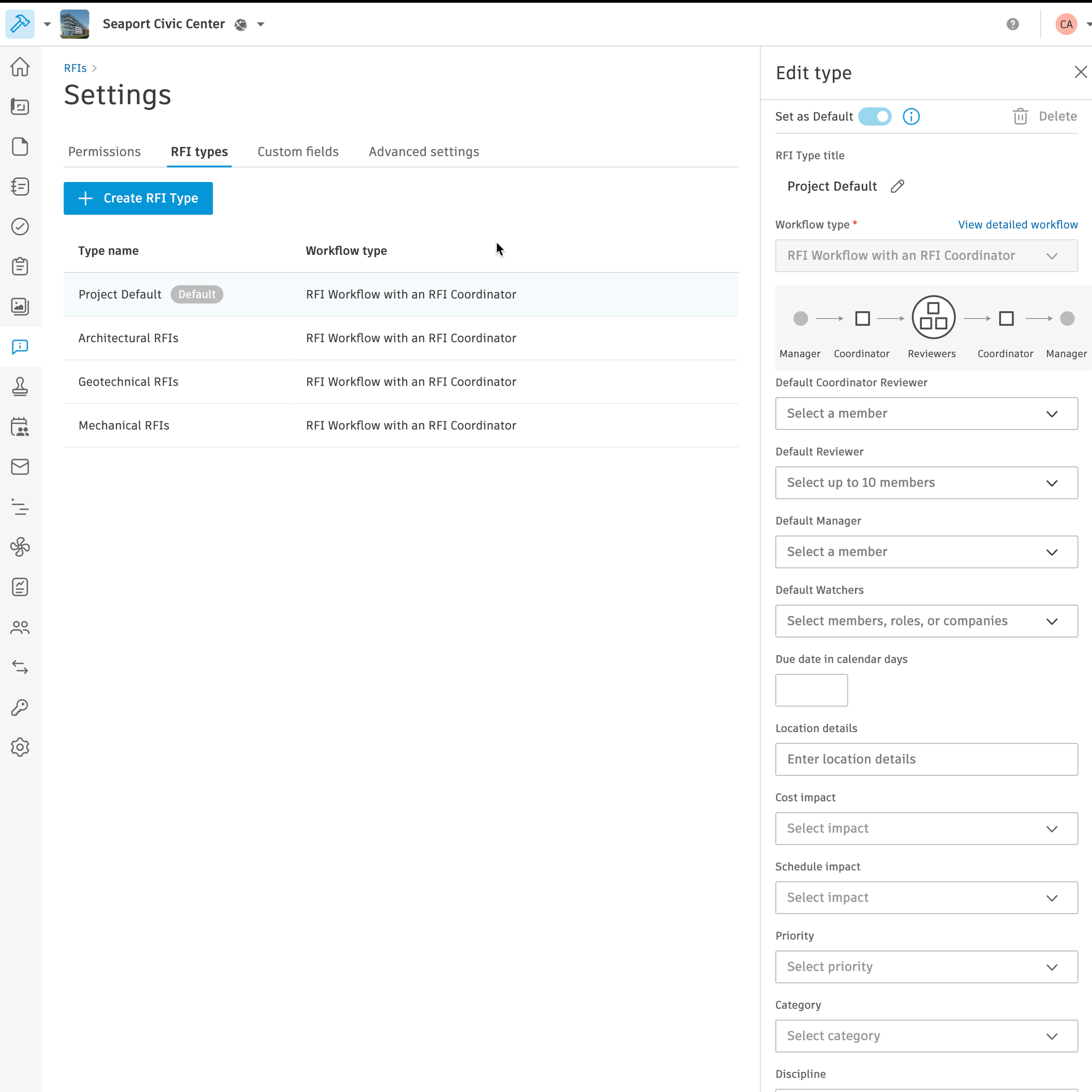 Construction RFI Management Tracking Settings