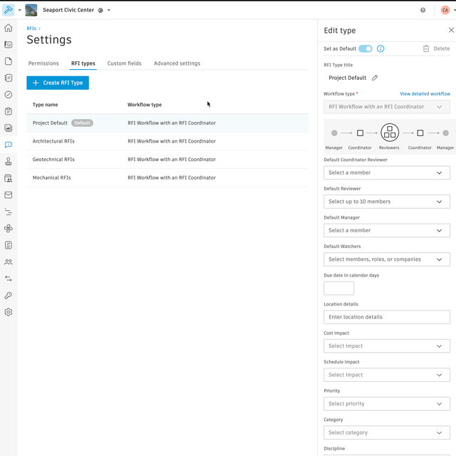 Construction RFI Management Tracking Settings