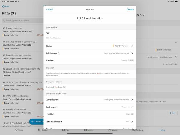 iPad で建設情報提供依頼管理追跡を使って建設情報提供依頼を追跡。