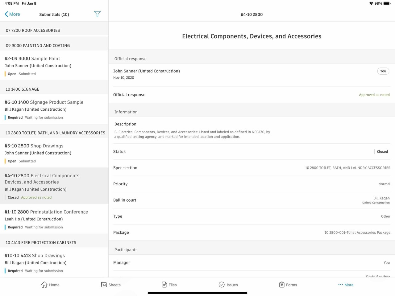 Construction submittal management software on an iPad