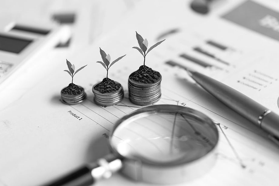 Closeup of tiny growing seedlings in dabs of soil atop stacks of coins next to a magnifying glass atop business graphs.