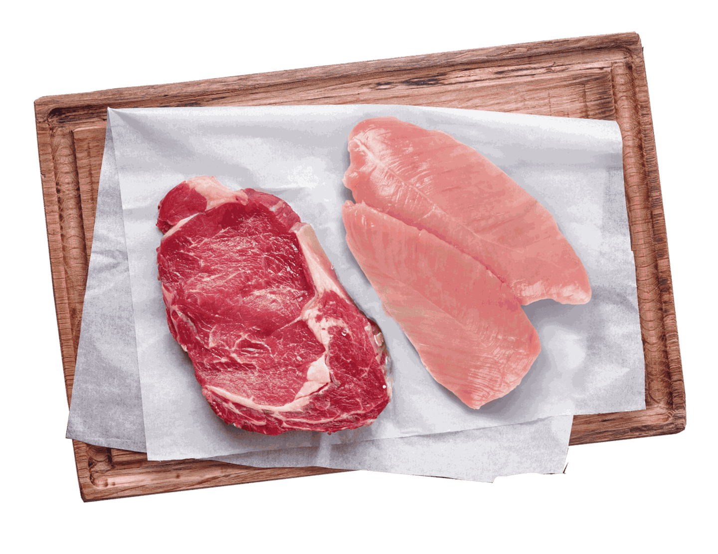 Hauptzutat im Happy Dog Hundefutter: Fleisch Rohes Fleisch auf Holzbrett