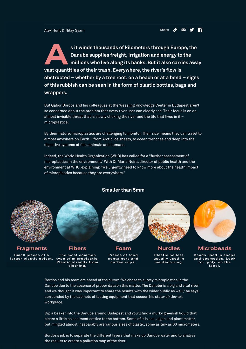 Article layout including zoomed in imagery of microplastics