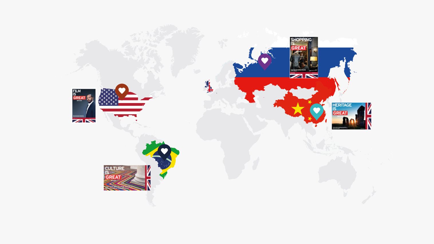 Map demonstrating ads specific to that countries love for Great Britain
