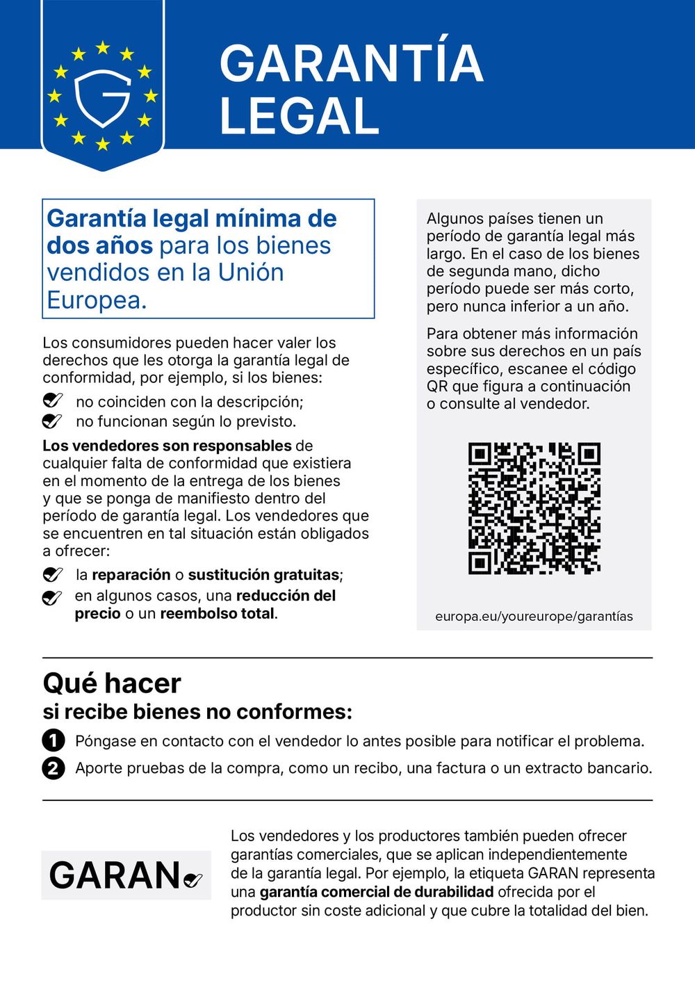 Garantía legal – aviso
