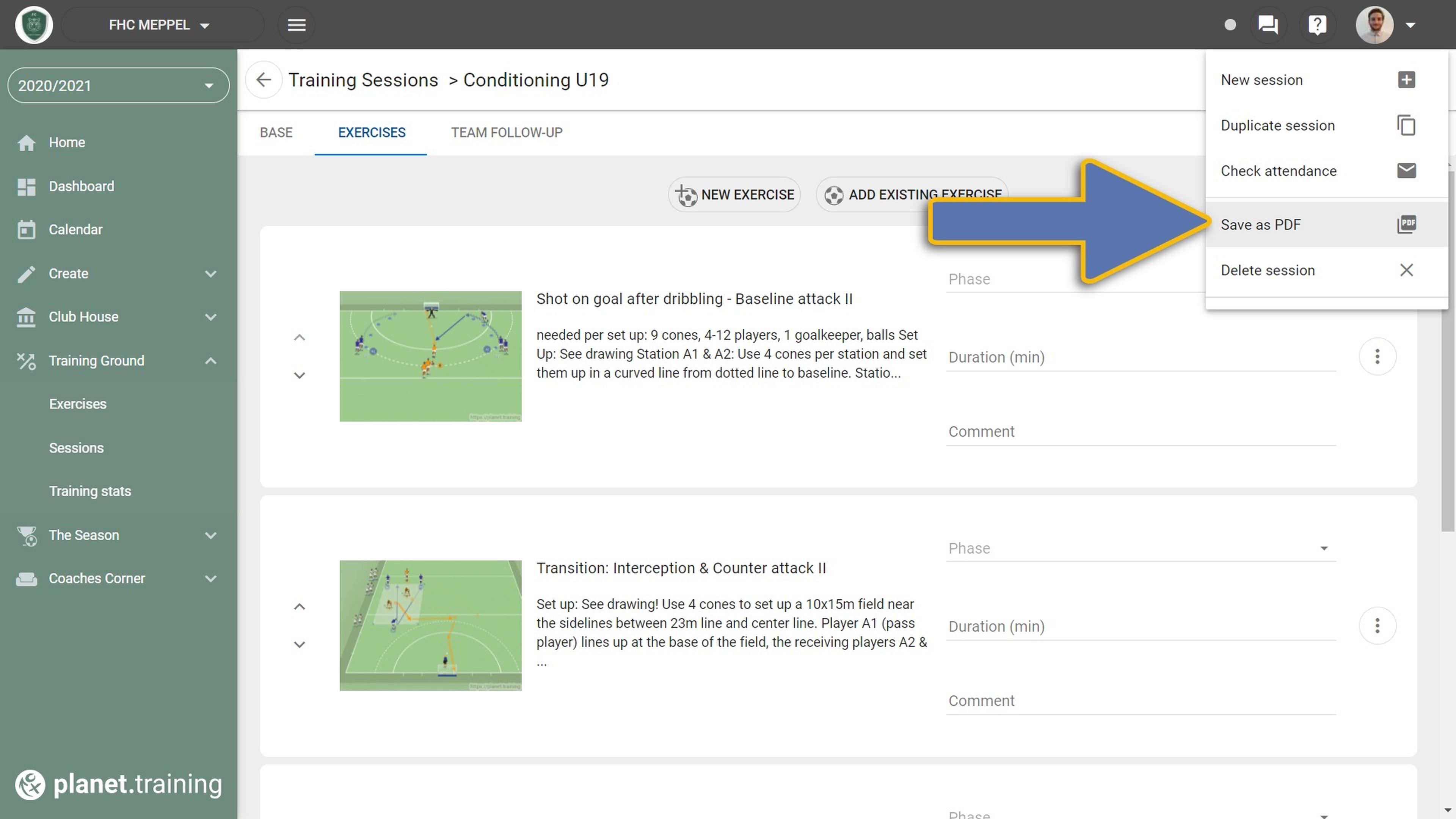 Create a training session