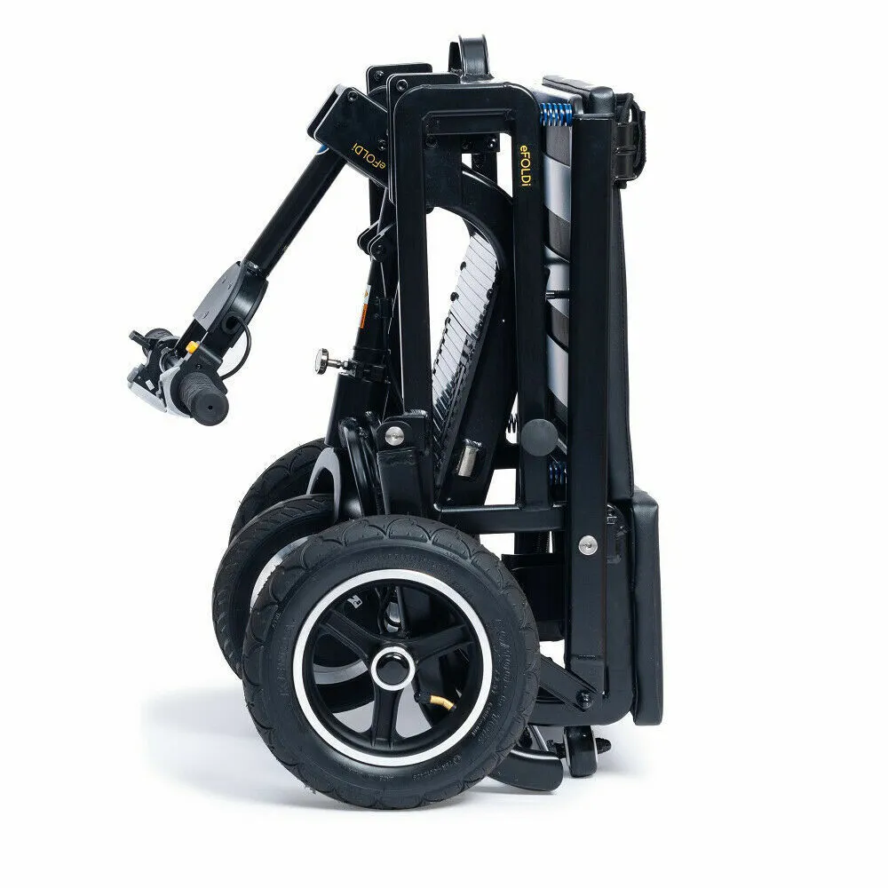Side view of the ultralight foldable mobility scooter compactly folded