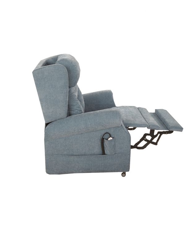 Side view of the Wheelfreedom Cobham rise and recliner with extended leg rests
