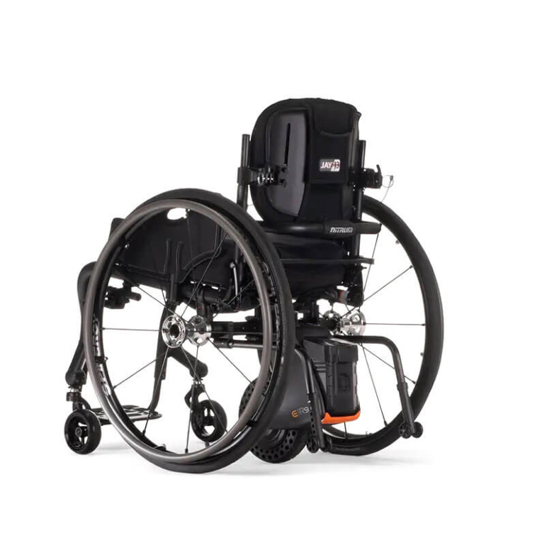 Back view of the Empulse R90 Power Add-On fixed on a wheelchair