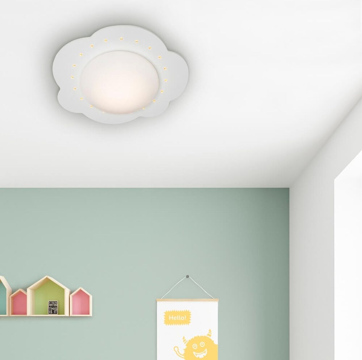 Weiße LED-Deckenleuchte in Wolkenform mit kleinen gelben Lichtpunkten an einer weißen Decke über einem mintgrünen Kinderzimmer mit bunten Hausregalen an der Wand.