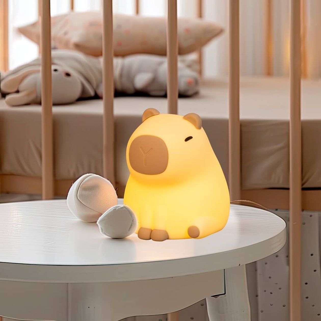 Niedliche Nachtlampe in Form eines sitzenden Capybaras, die warm leuchtet, auf einem Kinderzimmertisch mit weicher Deko.
